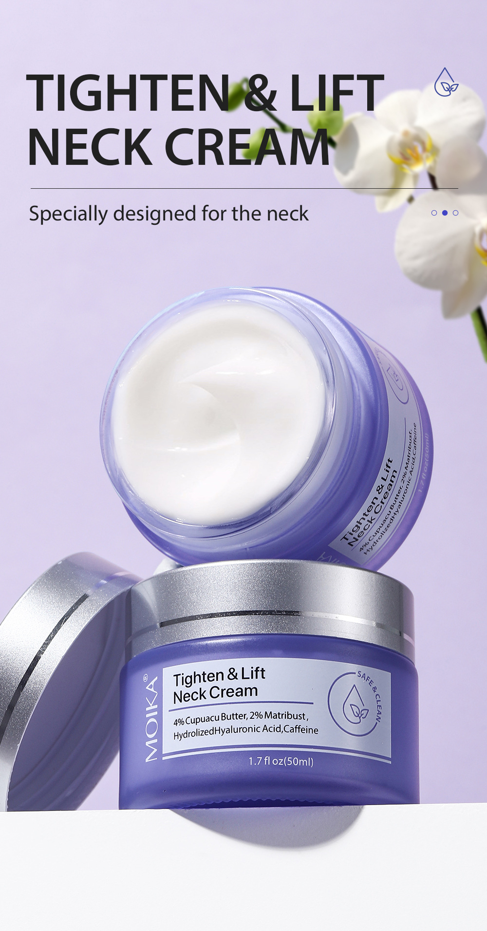 Crema de eliminación de arrugas en cuello PureEdge, envase con crema blanca y tubo en primer plano.