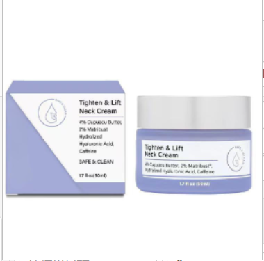 Crema antiarrugas para cuello PureEdge, en frasco con crema blanca y aplicador, para reducir arrugas y mejorar la elasticidad.