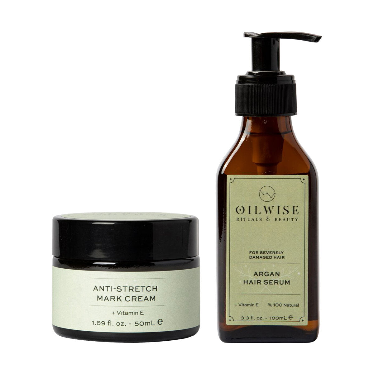 Conjunto de crema anti estiramiento Oilwise de PureEdge y sérum de argán para el cabello en botella.